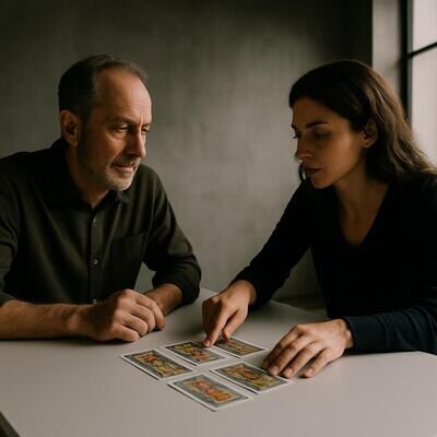 Zwei Menschen betrachten gemeinsam Karten und sprechen ruhig miteinander.