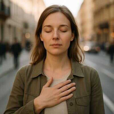 Eine junge Frau atmet bewusst durch und findet innere Ruhe in einer belebten Umgebung.