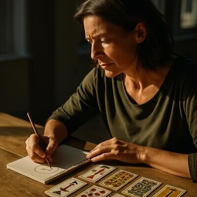 Eine Person betrachtet mehrere Tarotkarten und markiert Zahlenfolgen als Deutungshilfe.