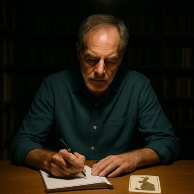 Ein Mann schreibt in ein Notizbuch, neben ihm liegt ein Kartenmotiv mit Hasen-Symbol &ndash; konzentriert und ruhig.