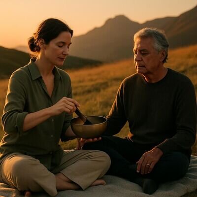 Zwei Personen sitzen auf einer Decke in einer weiten Landschaft; eine spielt eine Klangschale, die andere h&ouml;rt aufmerksam zu.