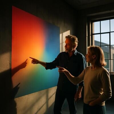 Zwei Menschen betrachten eine farbige Lichtprojektion an einer Wand und sprechen ruhig dar&uuml;ber; Symbol f&uuml;r Deutung im Kontext.