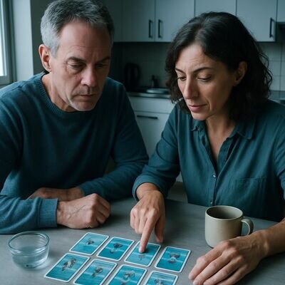 Zwei Personen sitzen an einem Tisch und interpretieren Kelch-Karten in Blau- und T&uuml;rkist&ouml;nen als Hinweis auf Gef&uuml;hle und Verbindung.