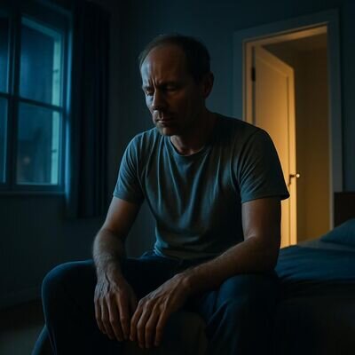 Eine Person sitzt nachts wach im Bett und atmet bewusst, um sich nach einem Verfolgungstraum zu beruhigen.