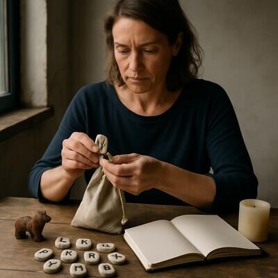 Eine Person zieht konzentriert eine Rune aus einem Beutel, auf dem Tisch liegen Runensteine und ein Notizbuch.