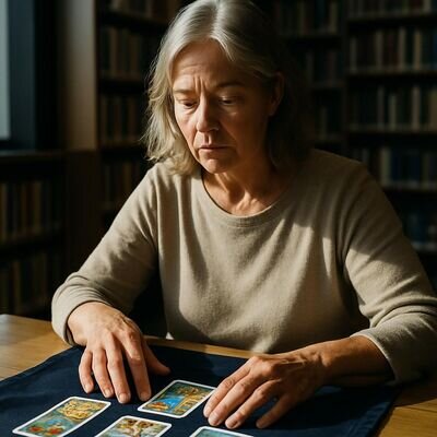 Eine Person ordnet Tarotkarten auf einem Tuch, als w&uuml;rde sie Positionen und Beziehungen pr&uuml;fen.