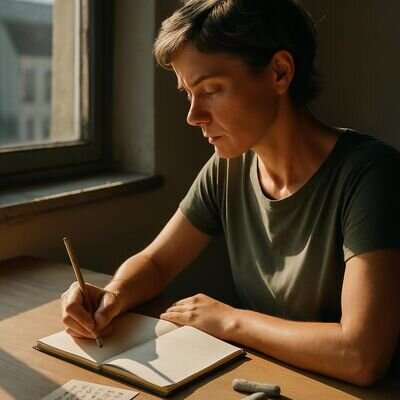 Eine Person reflektiert in ruhiger Atmosphaere mit Notizbuch und dezenten Zahlen-Symbolen.