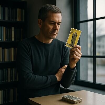 Ein Mann betrachtet eine einzelne Tarotkarte ruhig und legt das Deck bewusst zur Seite, Fokus auf Klarheit.
