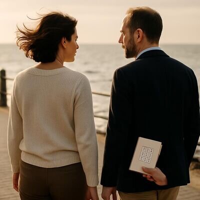 Ein Paar geht drau&szlig;en nebeneinander, im Hintergrund dezente Zahlenmotive als Symbol f&uuml;r Richtung und Rhythmus.