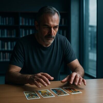Eine Person betrachtet konzentriert mehrere Gro&szlig;e-Arkana-Karten auf einem Tisch &ndash; Fokus auf Struktur und Verst&auml;ndnis.