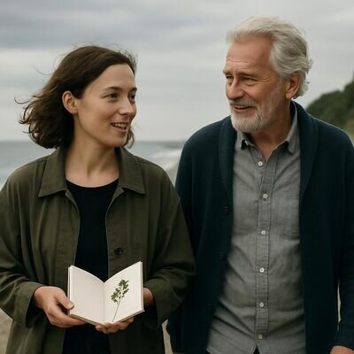 Zwei Menschen sprechen ruhig bei einem Spaziergang am Meer, als wuerden sie einen Traum gemeinsam sortieren.