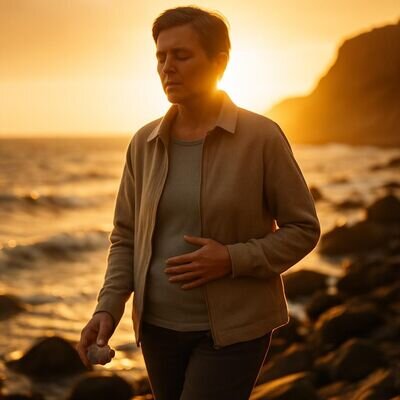 Eine Person geht bewusst atmend am Meer entlang, Weite und Erdung als stimmige Bildsprache.