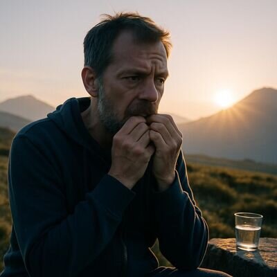 Eine Person sitzt nach dem Aufwachen nachdenklich am Bettrand und wirkt verunsichert.