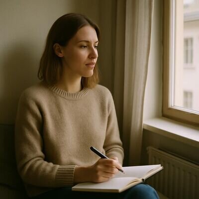 Eine nachdenkliche Person sitzt am Fenster mit Notizbuch und reflektiert ruhig.