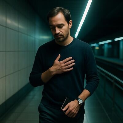 Eine Person steht in einer urbanen Umgebung, atmet bewusst und visualisiert einen Schutzkreis als Licht um sich.