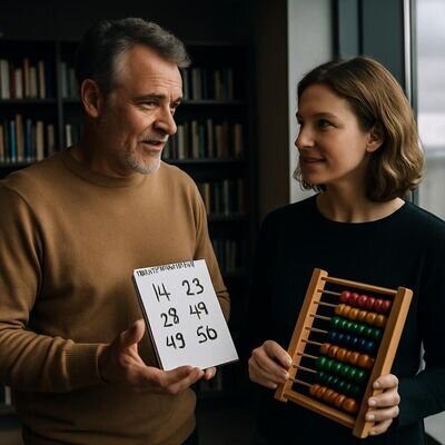 Zwei Menschen besprechen freundlich eine Numerologie-Notiz, um Deutungsfehler zu vermeiden.