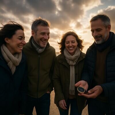 Menschen beim Spaziergang in weiter Natur, verbunden und lebensbejahend, ohne Kitsch.