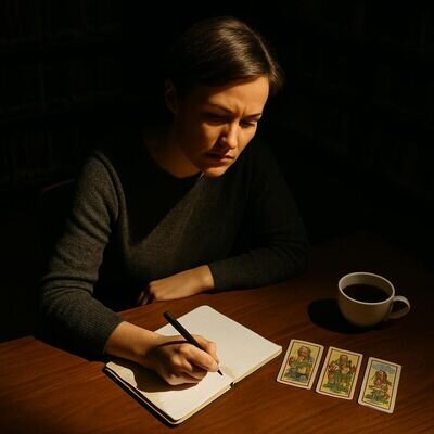 Eine Person schreibt eine Frage in ein Notizbuch; daneben liegen Karten und eine Tasse Tee &ndash; konzentrierte Vorbereitung.