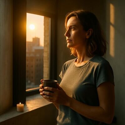 Eine Person beginnt den Tag ruhig am Fenster, mit bewusstem Atem und sanftem Morgenlicht.