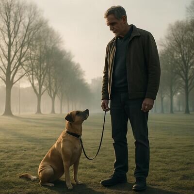 Eine Person begegnet einem Hund in einer ruhigen, symbolischen Szene &ndash; Sinnbild f&uuml;r Vertrauen, Schutz und Bindung.