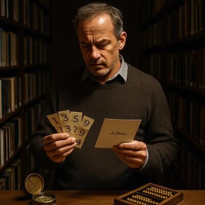 Eine Person betrachtet nachdenklich Zahlenkarten und ein Namensblatt, als Symbol f&uuml;r innere W&uuml;nsche und Motive.