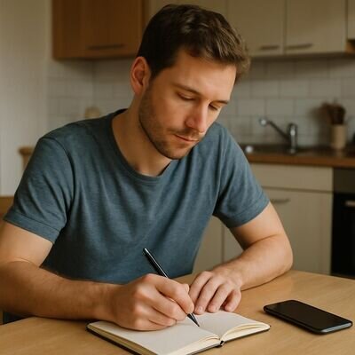 Ein europaeisch wirkender Mann schreibt entspannt in ein Notizbuch am Kuechentisch, Smartphone liegt zur Seite.