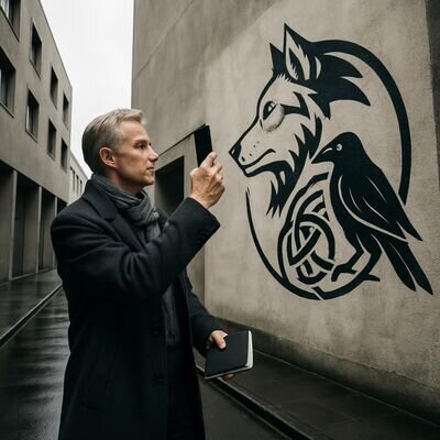 Eine Person fotografiert ein Tier-Mural und reflektiert über dessen Bedeutung.