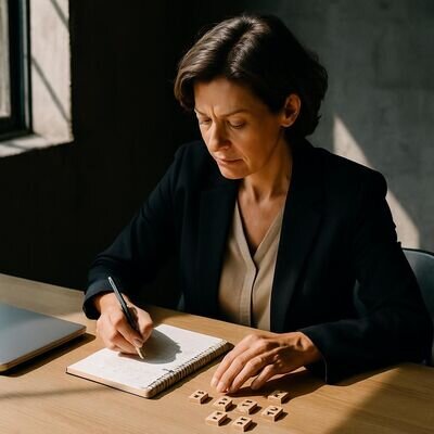 Eine Unternehmerin notiert Buchstabenwerte und Summen, um einen Markennamen numerologisch zu pruefen.