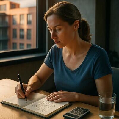 Eine Person notiert Vokale und Zahlenwerte zur Berechnung der Herzenswunschzahl in einem Notizbuch.