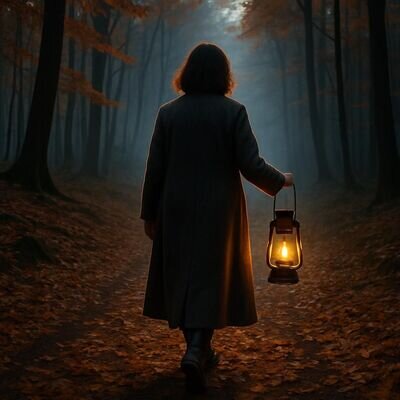 Eine Person geht in der Dämmerung einen Waldweg entlang, Laterne in der Hand – Symbol für den Übergang zu Samhain.