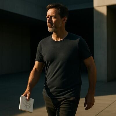 Eine Person geht entschlossen in eine neue berufliche Richtung, Symbolik mit Zahlen im Hintergrund.