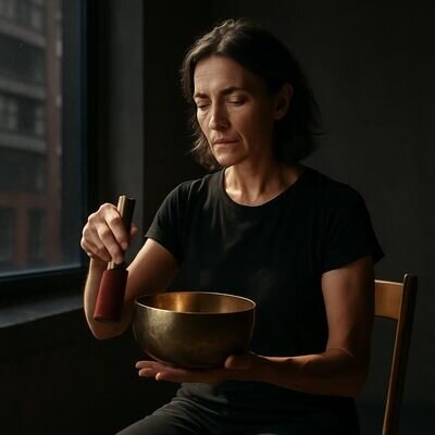 Eine Person sitzt ruhig am Fenster und lauscht einer angeschlagenen Klangschale, warmes Morgenlicht, entspannte Stimmung.