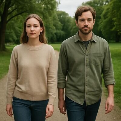 Zwei europaeisch wirkende Freunde gehen ohne Handy durch einen Park, wirken ruhig und praesent.