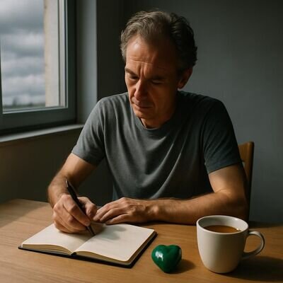 Ein Mann schreibt in ein Notizbuch; ein Malachit liegt daneben als Anker f&uuml;r Selbstwert und Grenzen.
