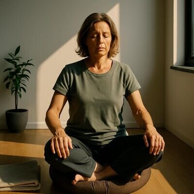Person testet auf einem Meditationskissen die passende Sitzh&ouml;he mit ruhiger, aufrechter Haltung in einem schlichten Raum.