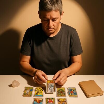 Eine Person legt Karten aus; eine Karte liegt umgekehrt, alles wirkt klar und geordnet.