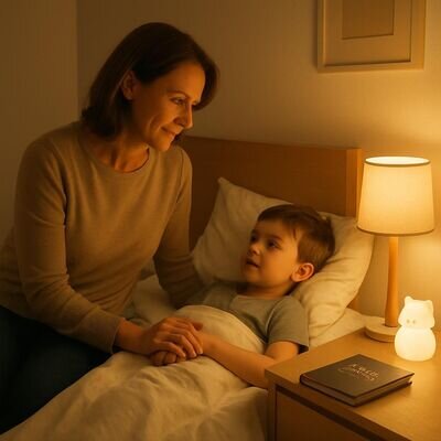 Elternteil sitzt ruhig am Bett und vermittelt Sicherheit vor dem Einschlafen.