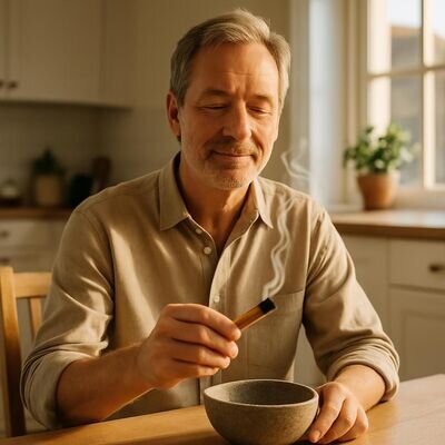 Eine Person sitzt am Esstisch, haelt ein Palo-Santo-Staebchen ueber einer Schale und laesst den Duft kurz wirken.