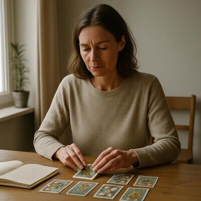 Eine Person betrachtet Tarotkarten und macht sich Notizen, als Br&uuml;cke zwischen Gef&uuml;hl und Bedeutung.