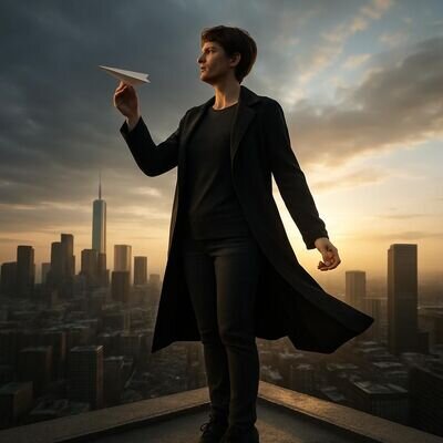 Eine Person blickt nachdenklich &uuml;ber eine urbane Landschaft, als Symbol f&uuml;r Perspektivwechsel und Freiheit im Traum.