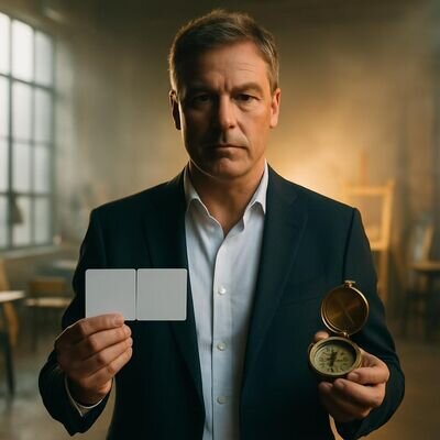 Ein Unternehmer blickt auf Karten mit Namen und Zahlen und trifft eine klare Entscheidung.