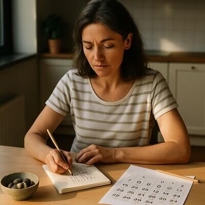 Eine Person notiert Tageszahl und Monatszahl in ein Notizbuch, warmes Morgenlicht.