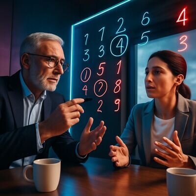 Zwei Personen diskutieren einen neuen Produktnamen und vergleichen Wirkung, Klang und Zahlen.