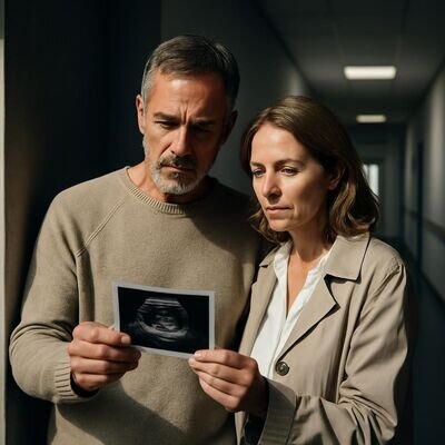 Ein Paar betrachtet nachdenklich ein Ultraschallbild, das im Traum fuer Klarheit und Realitaetscheck steht.