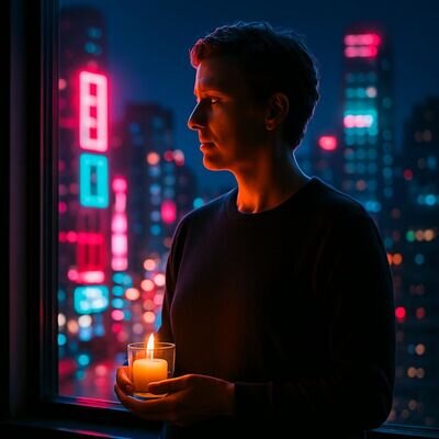 Eine Person steht abends am offenen Fenster und setzt eine ruhige Intention f&uuml;r die Nacht.