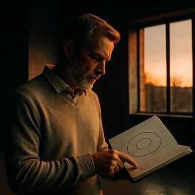 Eine Person in einer hellen Bibliothek betrachtet eine runde Skizze und Zahlen als Symbol f&uuml;r Potenzial.