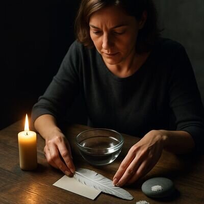 Haende einer Frau ordnen Kerze, Wasserschale, Stein und Feder auf einem kleinen Altar.
