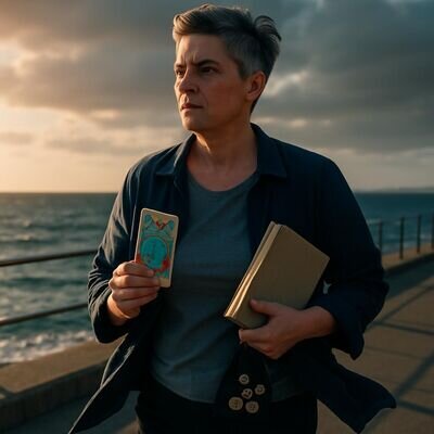 Eine Person geht mit Tarotkarten und Notizbuch einen hellen Weg entlang und reflektiert Zahlenmuster.