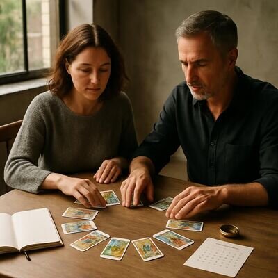 Zwei Menschen legen Tarotkarten in einem Kreis aus, warmes Tageslicht und Notizbuch fuer Monatsfokus.