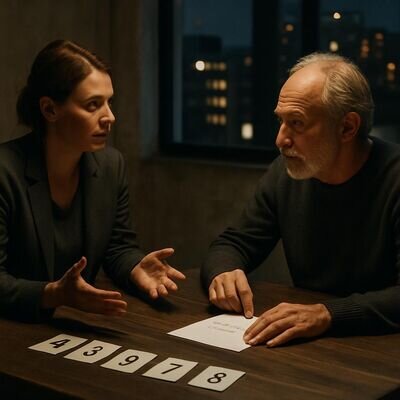 Zwei Personen betrachten Karten mit Zahlen und sprechen ruhig miteinander, als w&uuml;rden sie Unterschiede einordnen.